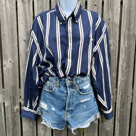 Vintage Alexander Julian Colours Navy Blue White Stripe Button Down Shirt XL - Picture 4 of 13